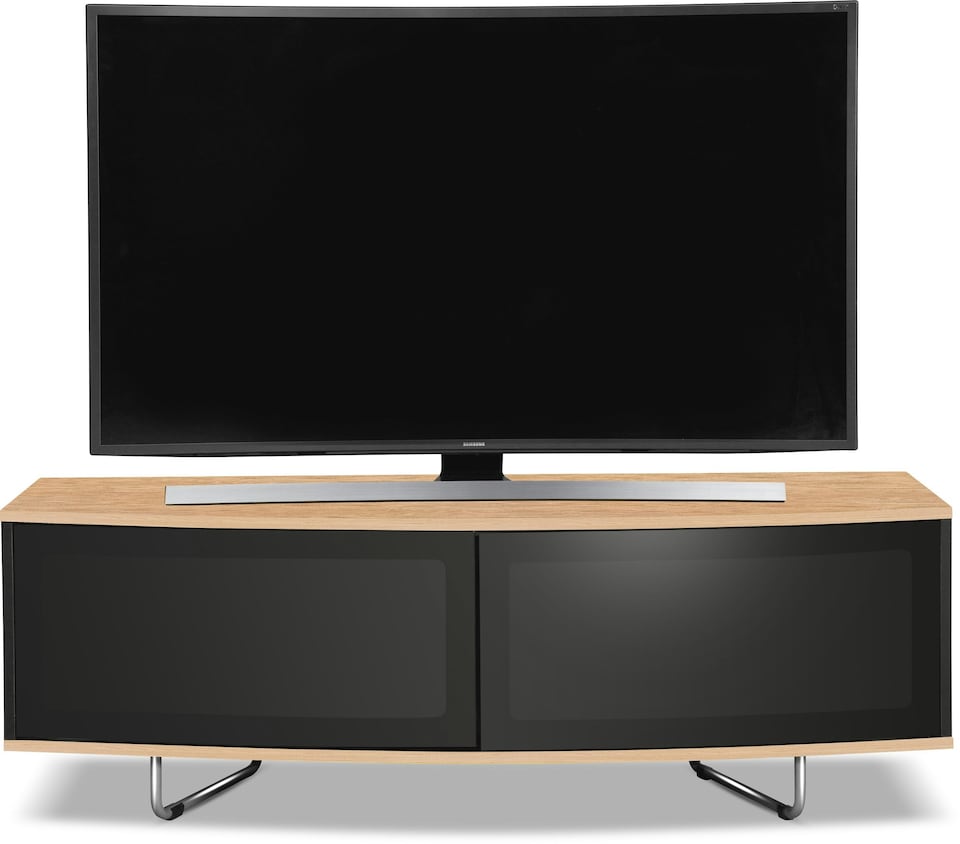 image 1 of Centurion Supports Caru Gloss Black and Oak Beam-Thru Remote Friendly Super-Contemporary "D" Shape Design 32"-65" LED/OLED/LCD TV Cabinet | Black | Oak | 1