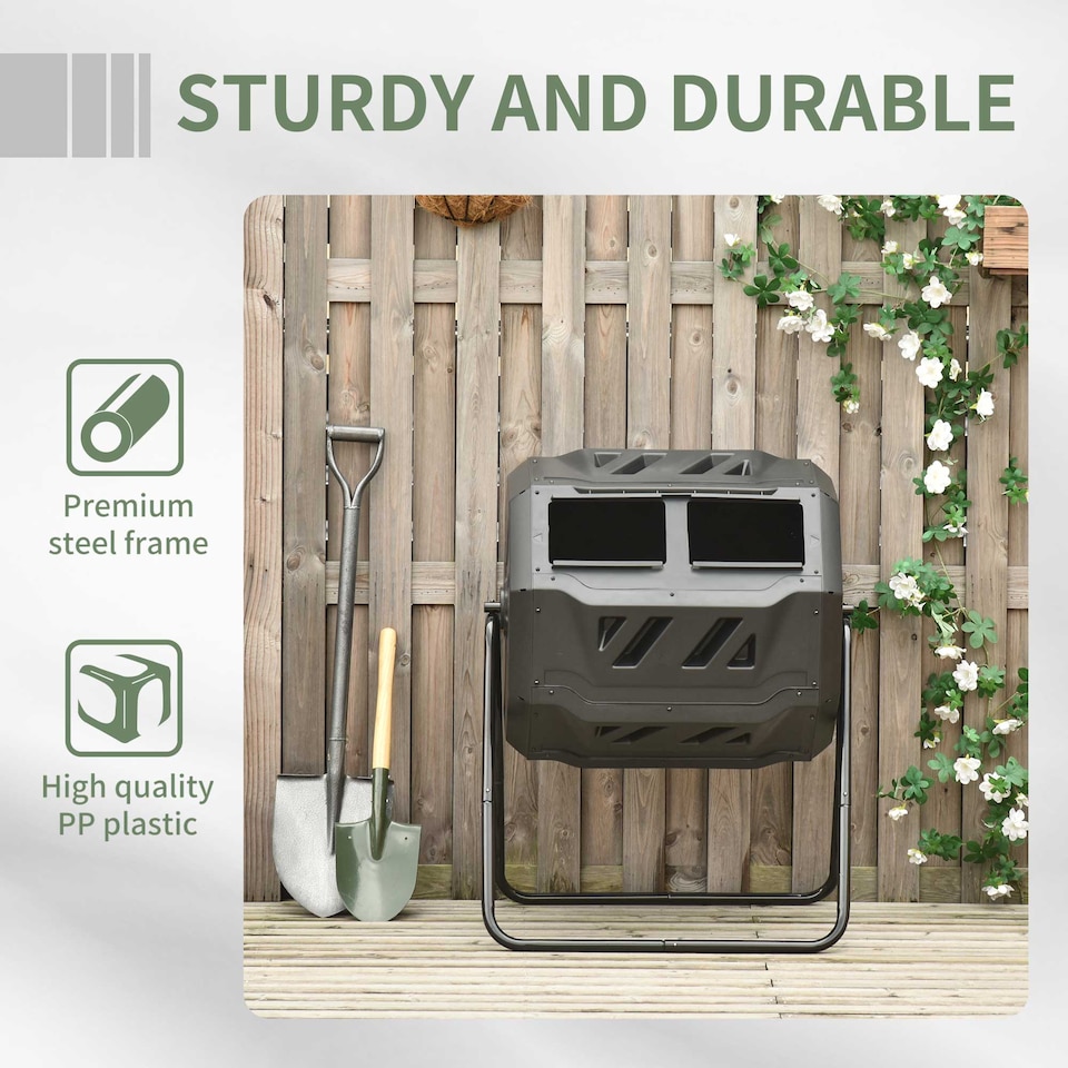 image 1 of (Black, 160L) Outsunny Outdoor Tumbling Compost Bin with Dual Chamber