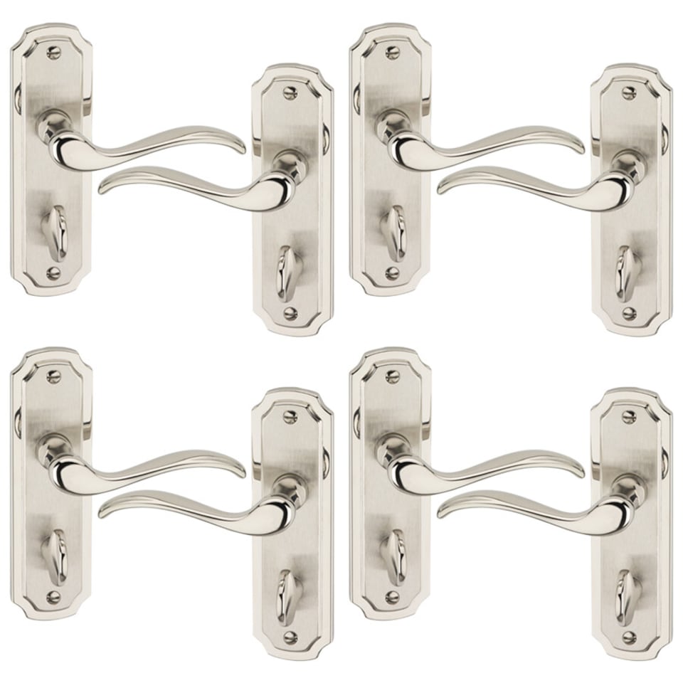 image 1 of Constance Metal Lever Latch Door Handles Set Rose Internal, External | Silver | 4x Satin Nickel Bathroom