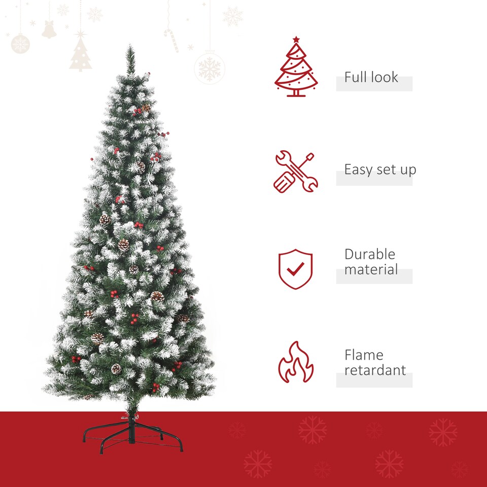 image 1 of HOMCOM 6FT Artificial Christmas Tree mas Pencil Tree with Red Berries and Pinecones Holiday Home Indoor Decoration with Foldable Feet, Green