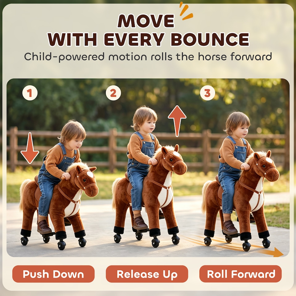 image 1 of HOMCOM Kids Walking Ride on Horse Toy Plush Walk Pony with Wheels Sound