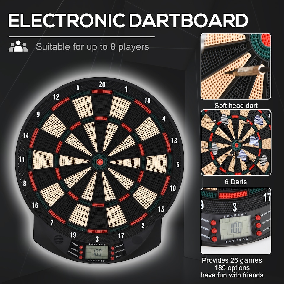 image 1 of HOMCOM LCD Electronic Dartboard Set Features 26 Games w/ 185 Variations and Include 6 Darts Multi-Game Option Ready-to-Play