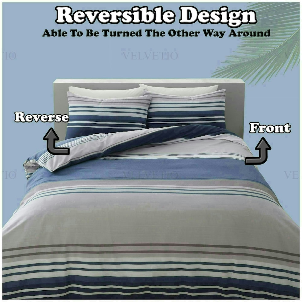 image 1 of VELVETIO Moxie Stripe Duvet Cover Set Reversible Polycotton Easy Care Beddings Blue | Single