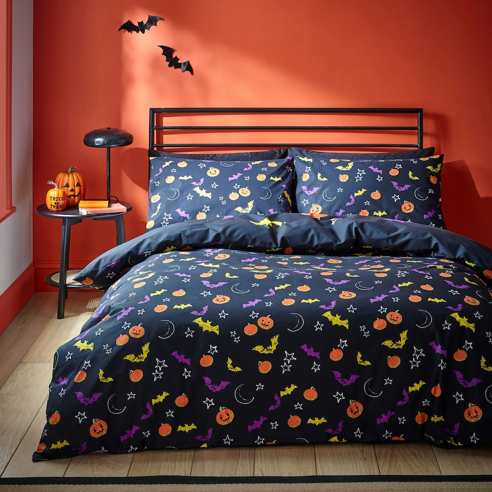 image 1 of Catherine Lansfield Halloween Trick or Treat Reversible Duvet Cover Set Black Black | Double