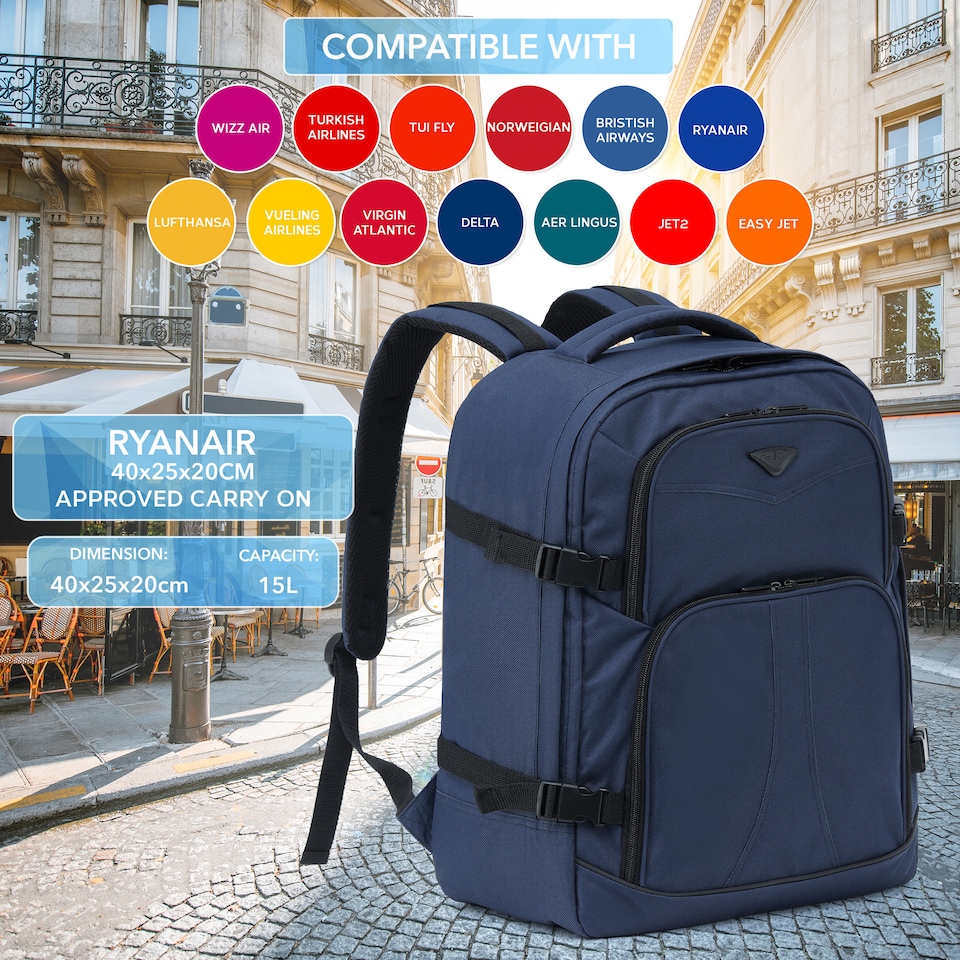 image 1 of Flight Knight Underseat Backpack 40x20x25cm Ryanair Free Carry On for Travelling USB Port Padded Comfortable Backpack - Carry On Luggage | Blue | Navy | 1