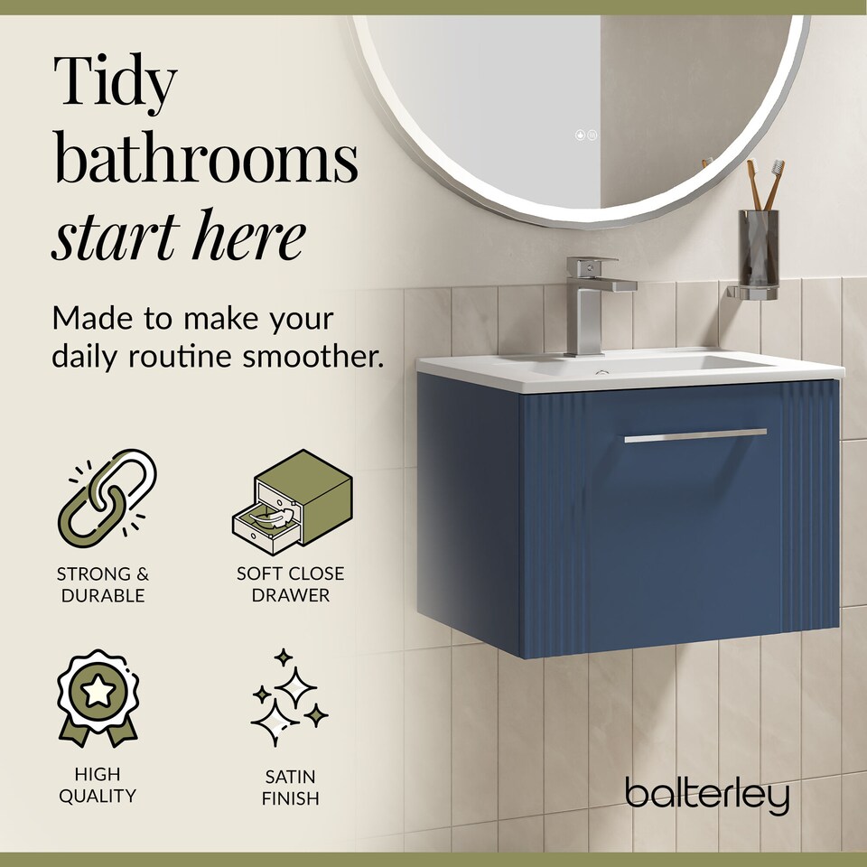 image 1 of Balterley Partial Fluted 1 Drawer Wall Hung Vanity Unit with 1 Tap Hole Minimalist Basin | Blue | Satin Blue