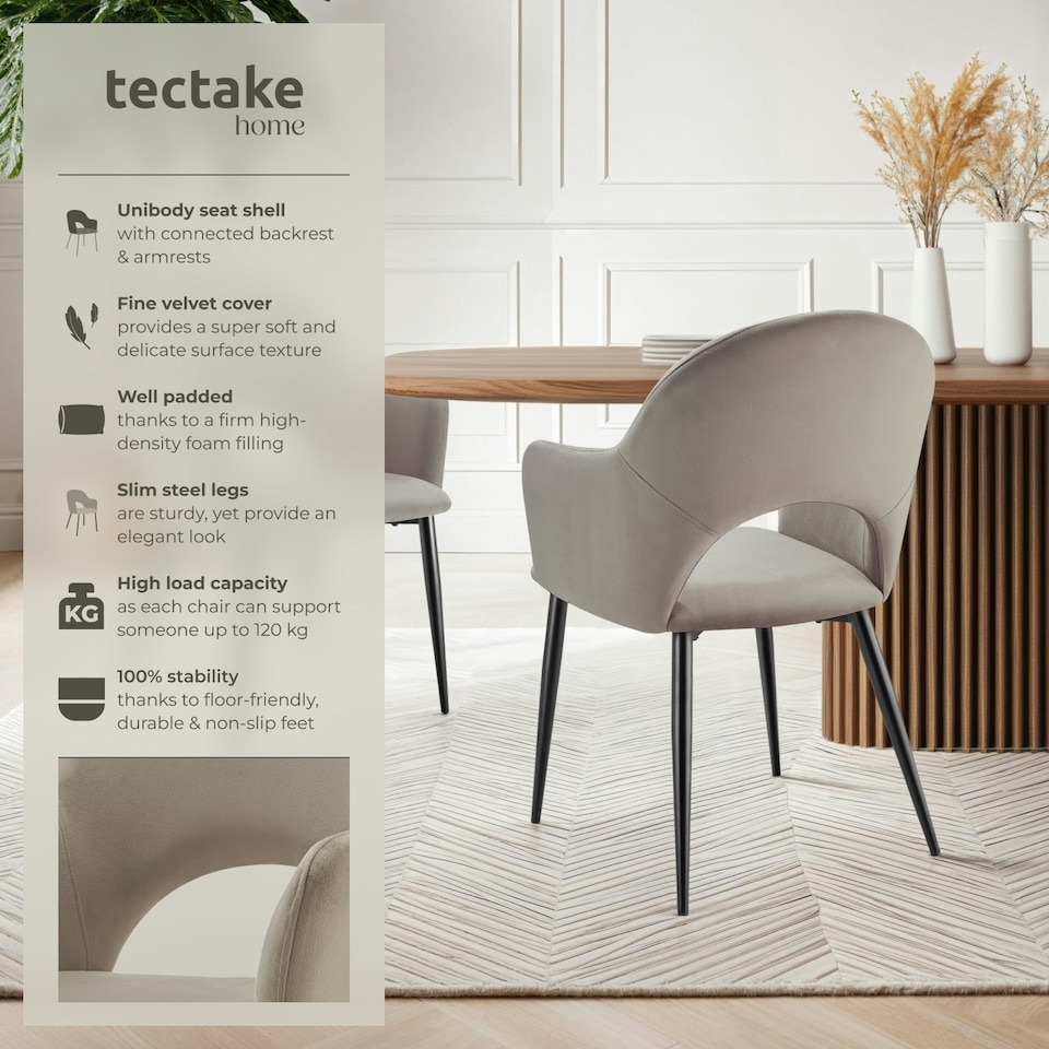 image 1 of Dining Chair Sasha- padded armchair in velvet look, continuous backrest - Set of 2 Brown | Taupe