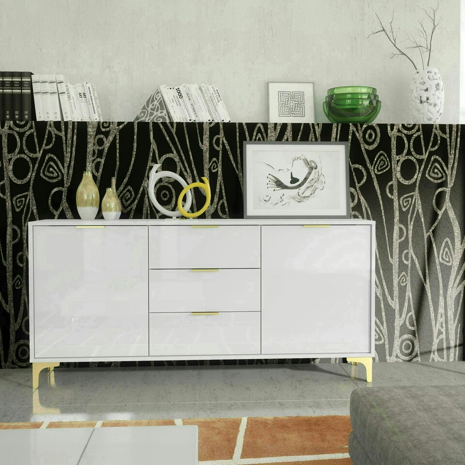 image 1 of Sideboard 140cm White High Gloss with Gold Accents White