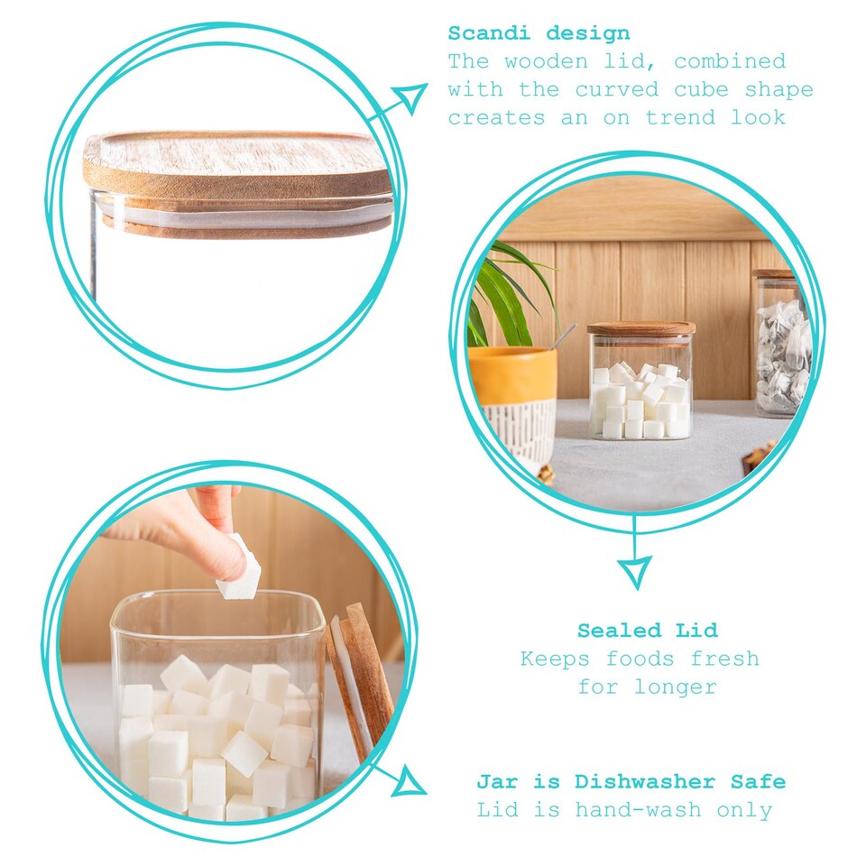 image 1 of Argon Tableware Square Glass Storage Jars with Wooden Lids - 680ml - Pack of 6