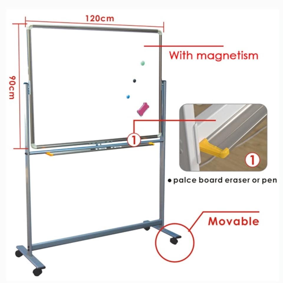 image 1 of Double Side Movable Magnetic Whiteboard with Frame 90 x 120cm