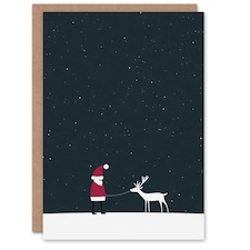 Greeting Card Santa Claus With White Reindeer in Snow Modern Blank For Him Or Her Art Xmas Christmas Card