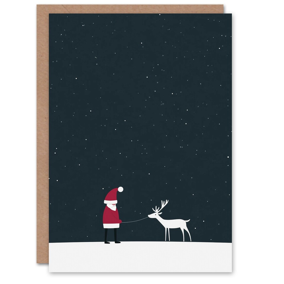 image 1 of Greeting Card Santa Claus With White Reindeer in Snow Modern Blank For Him Or Her Art Xmas Christmas Card