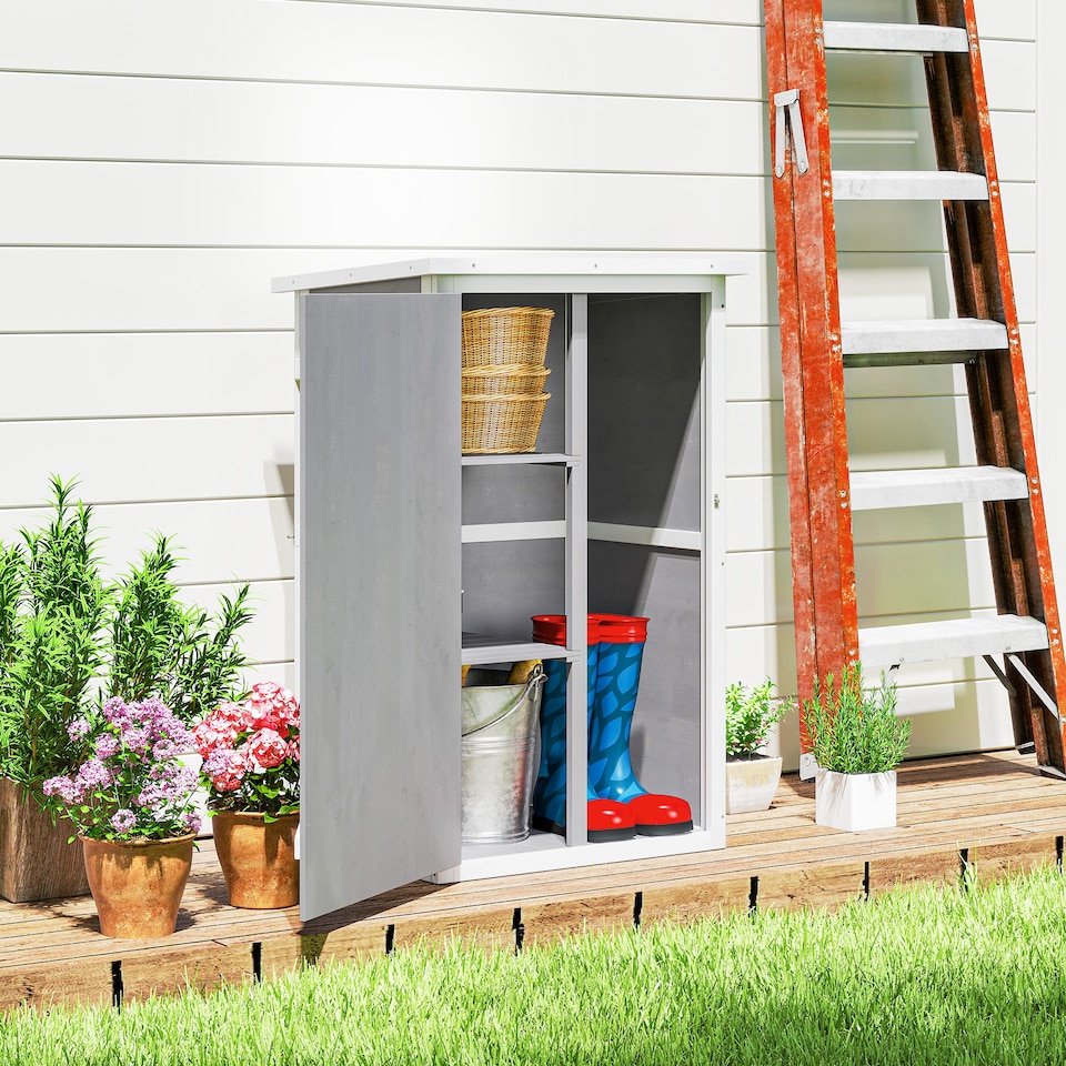 image 1 of Outsunny Wooden Garden Shed, Outdoor Storage Small Shed with 2 Shelves, Sloped Roof and Bolt Latch, Compact Utility Tool Cabinet Organiser for Yard Patio Garage, 75 x 56 x 115 cm, Grey