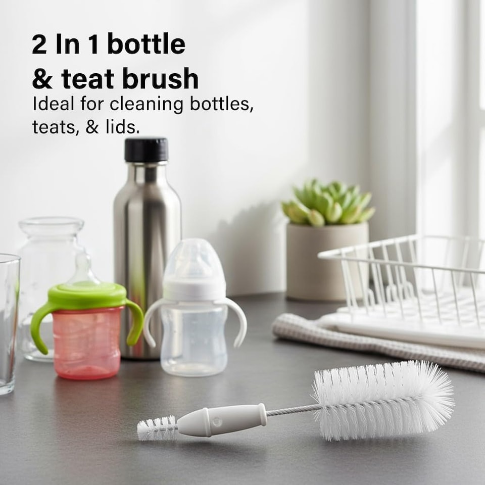 image 1 of 2 In 1 Bottle And Teat Brush With Soft Nylon Bristles And Non Slip Handle