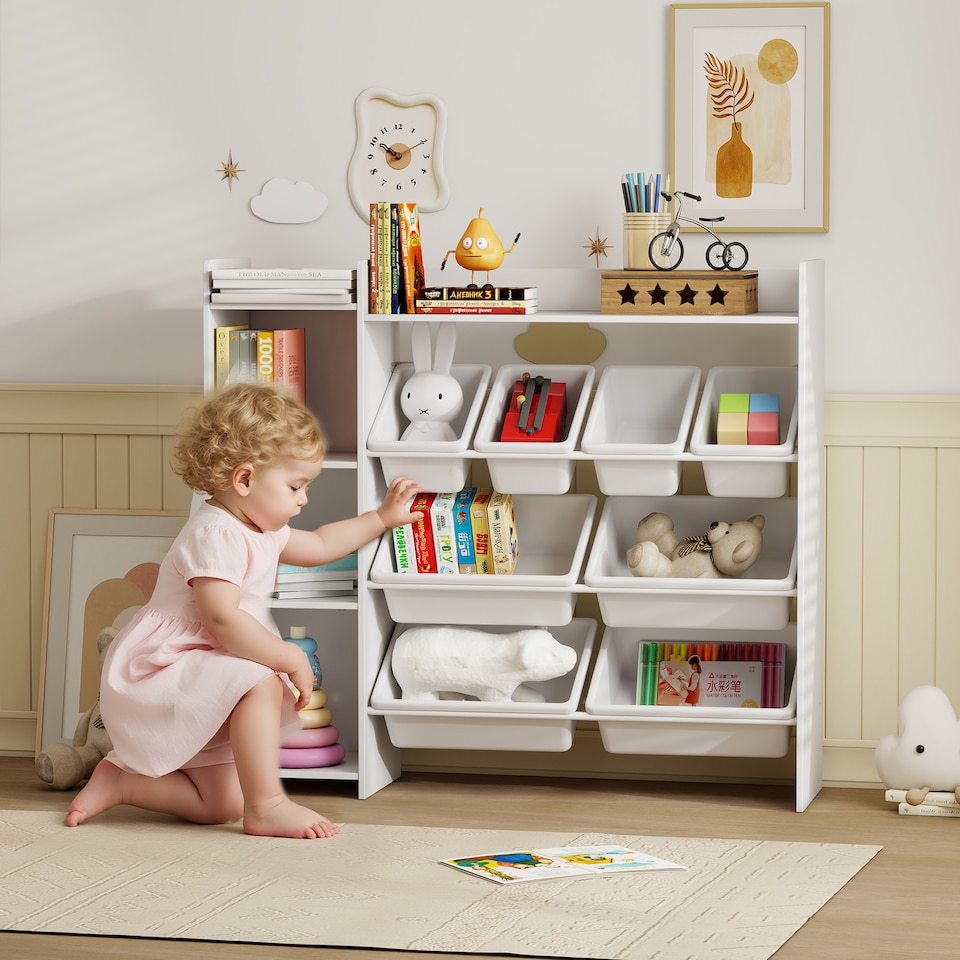 image 1 of AIYAPLAY Toy Storage Unit, with 8 Removable Bins, Storage Shelves, Cabinet, Toy Organiser, for Playroom, Kids Room, Nursery, White | White