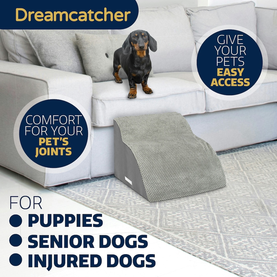 image 1 of Dreamcatcher 2 Step Dog Stairs for Bed 55x40x30cm, High Density Foam Ramp | Grey | Grey | 2 | 1