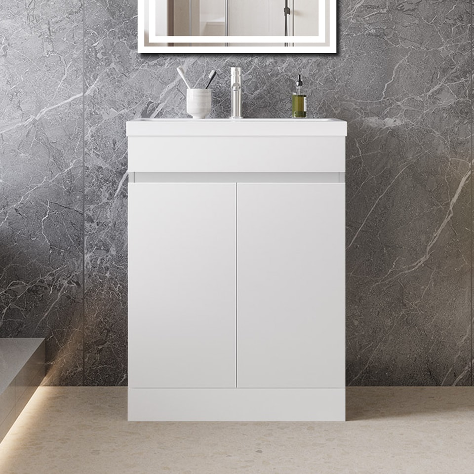 image 1 of AICA 600mm Matte White Bathroom Vanity Unit With Basin Double Door Floor Standing Design Flat Packed