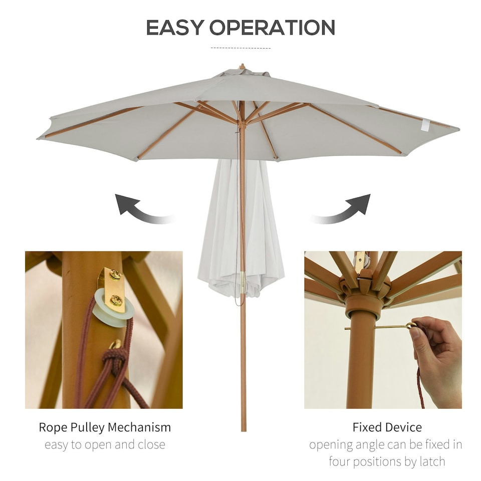 image 1 of Outsunny 3(m) Wooden Garden Parasol Sun Shade Outdoor Umbrella Grey