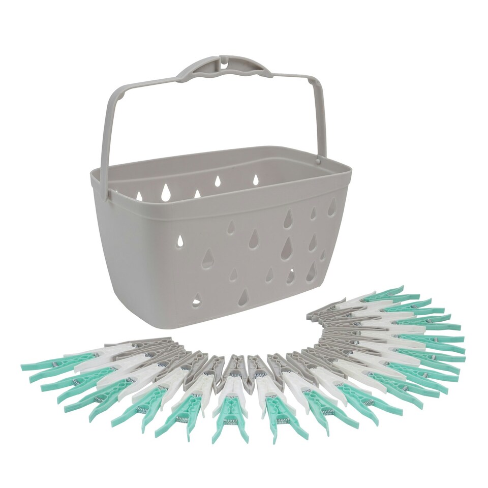 image 1 of JVL Plastic Peg Basket, Grey with 48 Large Ultra Strong Plastic Pegs, Aqua