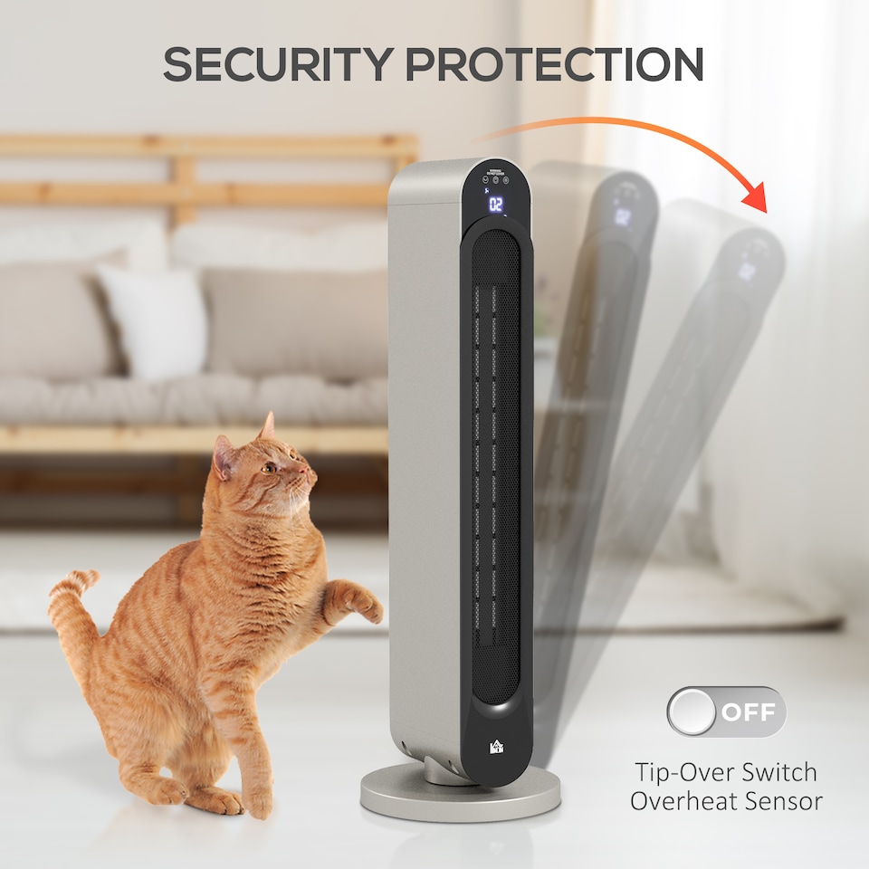 image 1 of HOMCOM 30 Inch Electric Heater with Fan, 2200W Ceramic Tower Heater with Remote Control, 45 Oscillation 12-Hour Timer, Energy Efficient, Overheat Tip Over Protection for Home, Silver Tone