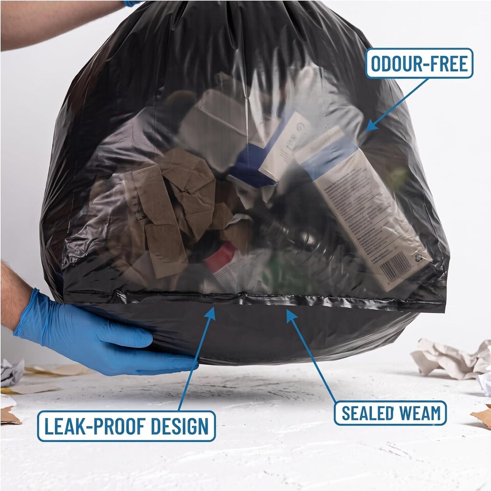 image 1 of VP 200 Large Black Bin Bags, Heavy Duty Refuse Sacks (100L, 18" x 29" x 39"), Ultra Strong, Tear Resistant Black Bin Liners for Household, Kitchen, Garden & Industrial Rubbish, 100% Recycled Plastic