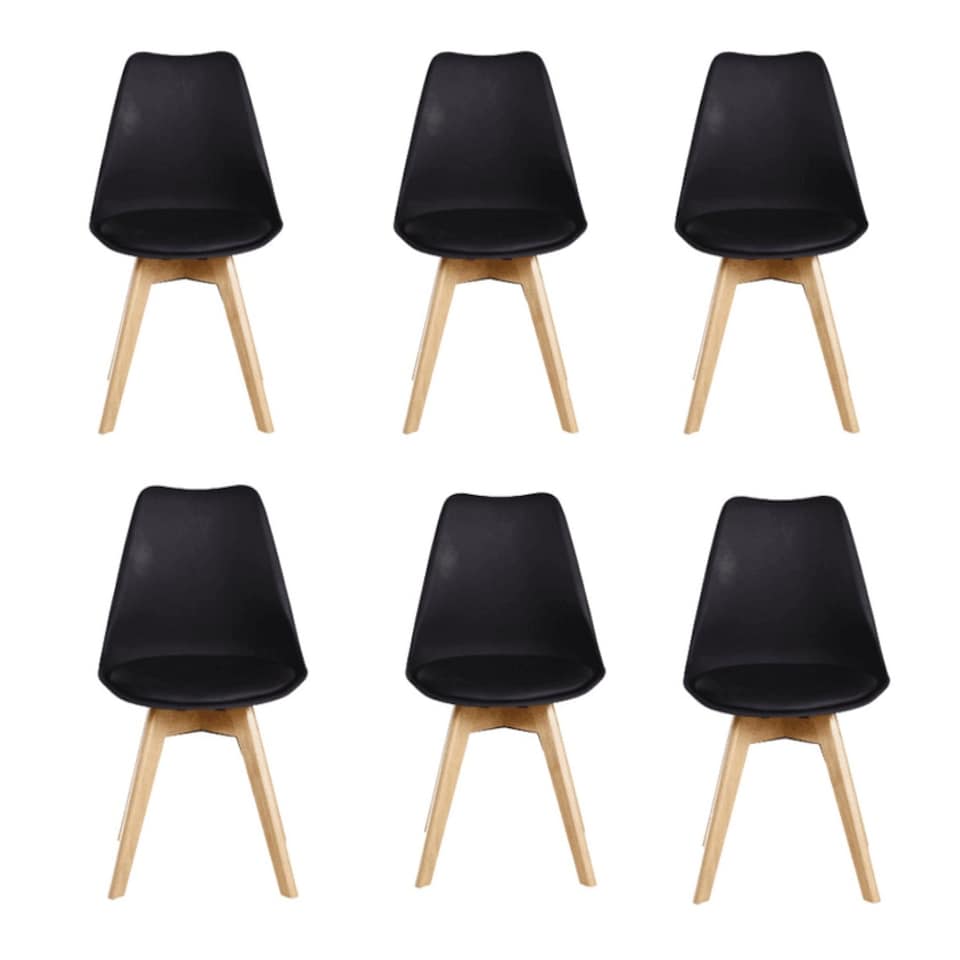 image 1 of Set of 6 Scandinavian Dining Chairs with Leather Cushions Solid Wood Legs Black