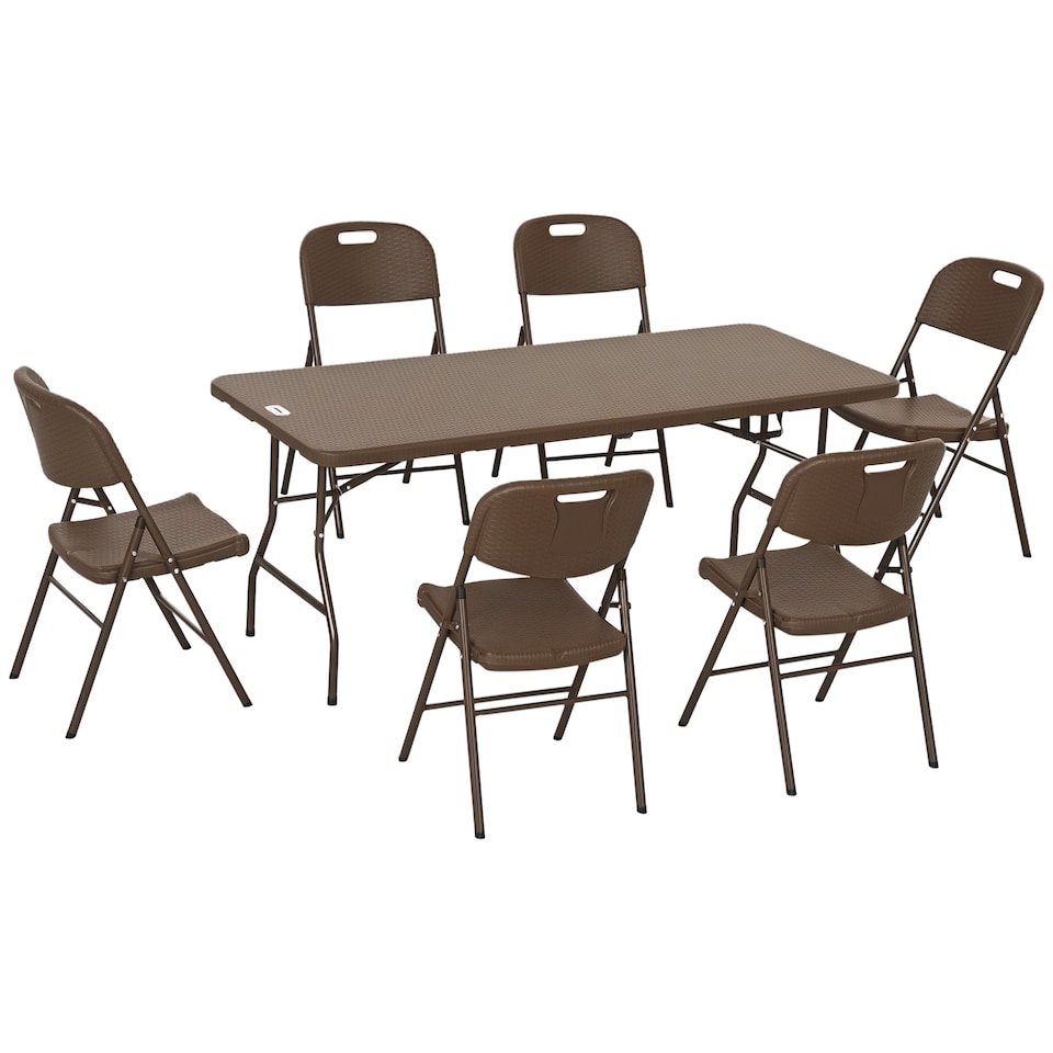 image 1 of Outsunny 6 Seater Garden Dining Set, Rattan Style HDPE Garden Furniture Set, Outdoor Dining Table and Chairs with 6 Armchairs and Rectangular Plastic Top Table for Patio, Balcony, Dark Brown