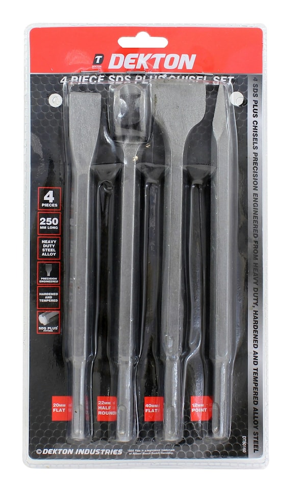 image 1 of Dekton 4 Pcs SDS Chisel Set For Hammer Drill Pointed Groove Gouge 250mm Masonry