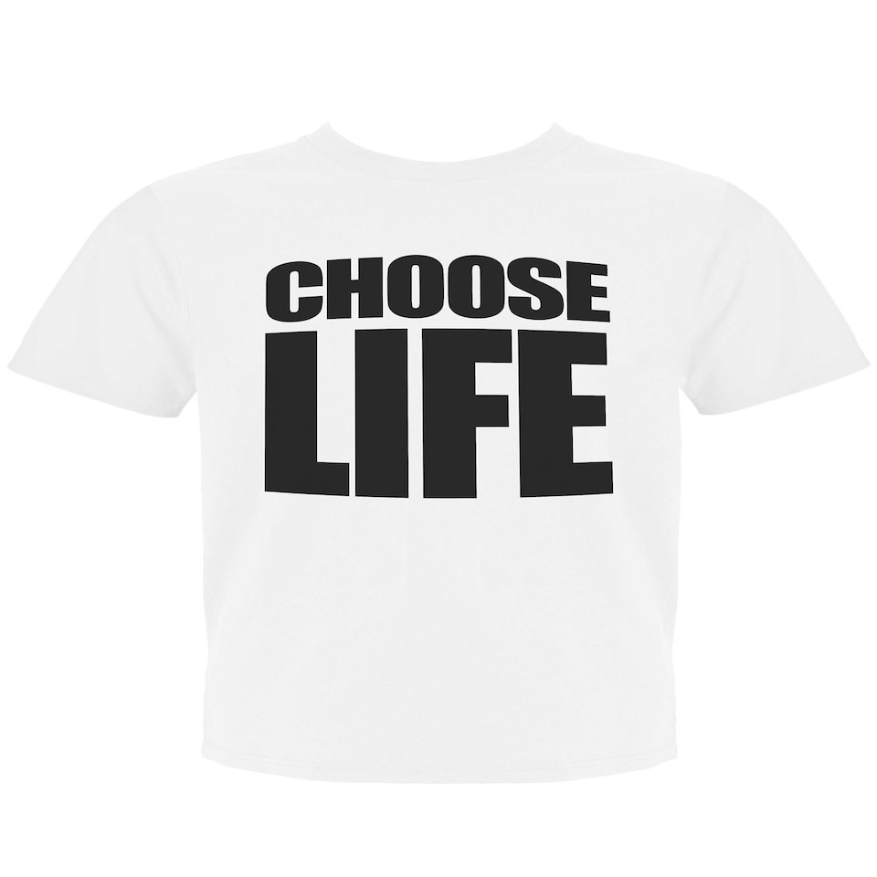 image 1 of Men's "CHOOSE LIFE" T-Shirt – 1980s Slogan Tee – Retro Fancy Dress White | L