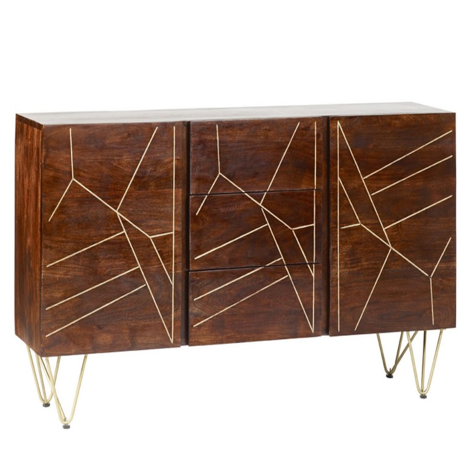 image 1 of Dark Gold Extra Large Sideboard 3 Drawers And 2 Doors - Solid Mango Wood - L40 x W160 x H85 cm | Brown