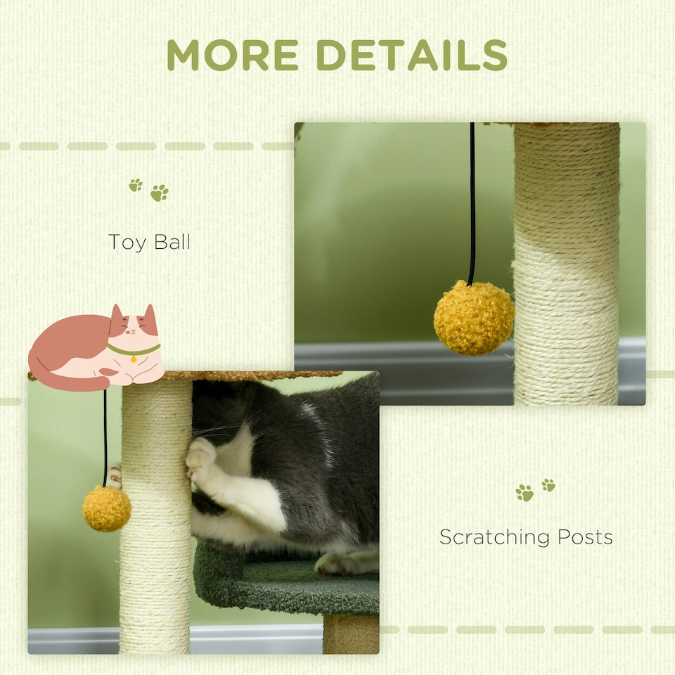 image 1 of PawHut Small Cat Tree with Scratching Posts 2 Beds Toy Ball Indoor, Multi