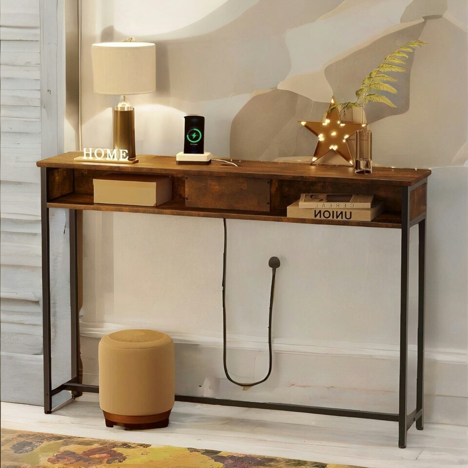 image 1 of Hallway Console Table With Charging Station Rustic Brown Brown