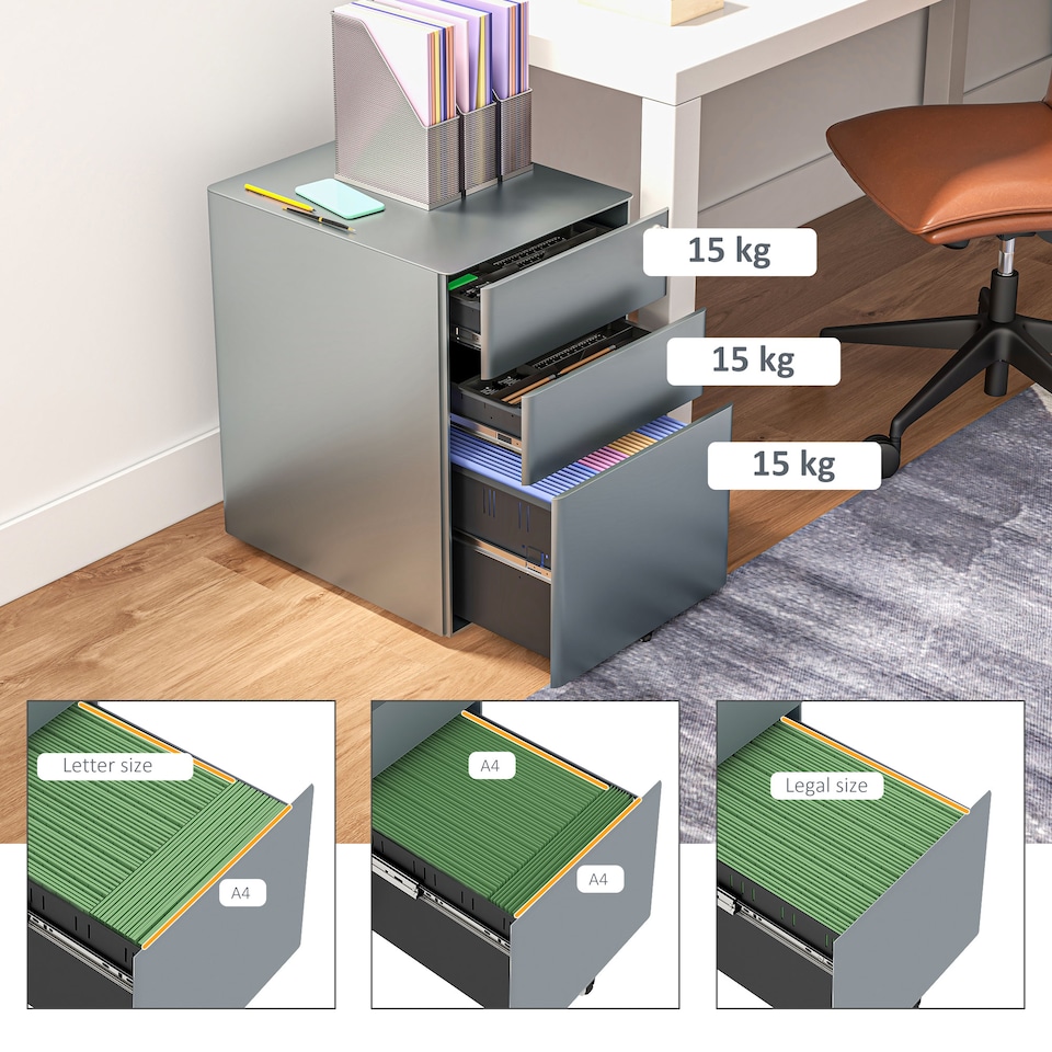 image 1 of Vinsetto 3-Drawer Mobile Filing Cabinet, Steel Lockable File Cabinet for A4, Legal, Letter, Compact Under Desk Storage Unit with Pre-Assembled Body Except Wheels for Home Office, 39 x 48 x 59cm, Grey