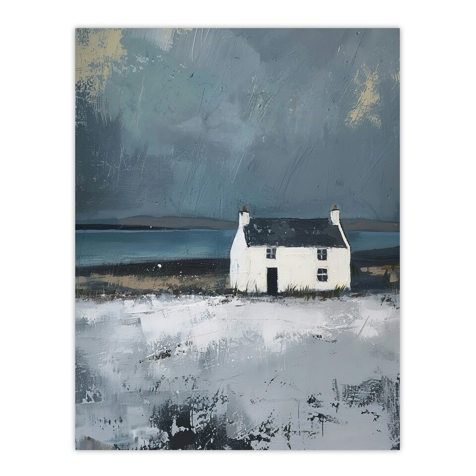 image 1 of Scottish Lochside Farmhouse Oil Shore Living Room Black Framed Wall Art Print A4