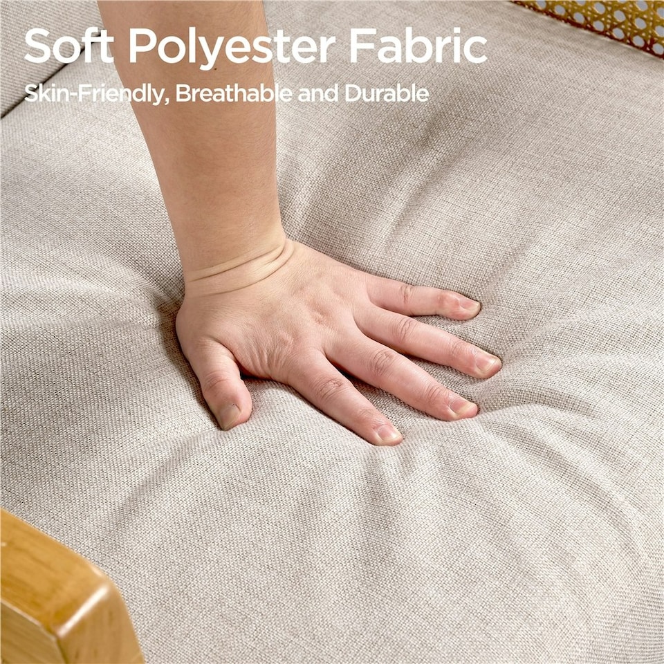 image 1 of Yaheetech Fabric Accent Chair with Rattan Sides Rubberwood Legs | White | Beige