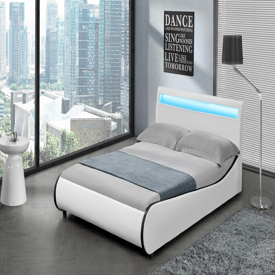 image 1 of Orion LED Lights Headboard Gaming Style White/Black Faux Leather Bed Frame (Double)