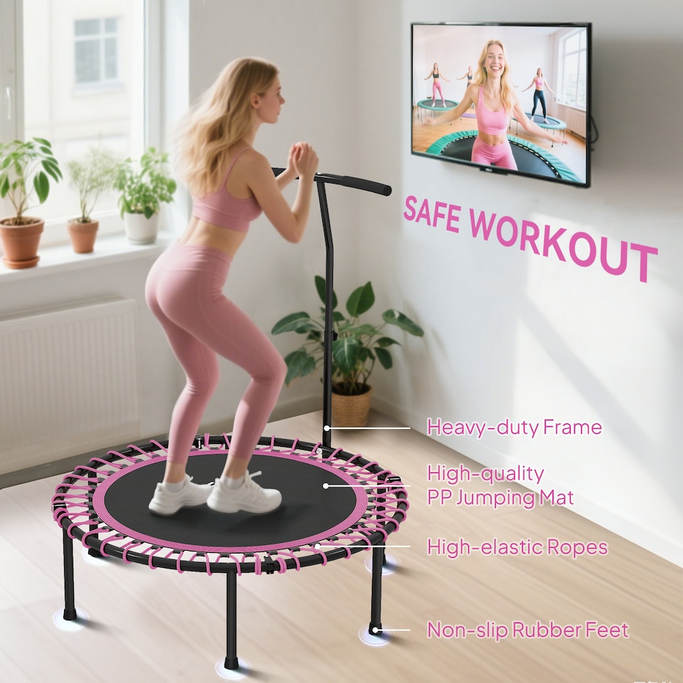 image 1 of HOMCOM 45" Fitness Trampoline Outdoor Bouncer Jumper Adjustable Handle, Pink