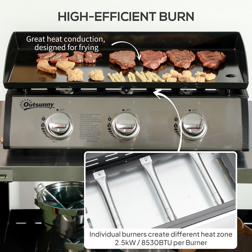 image 1 of Outsunny Gas Plancha Barbecue Grill with 3 Stainless Steel Burner, 7.5kW, Portable Tabletop Gas BBQ with NonStick Griddle and Lid for Camping Picnic Garden Party Festival