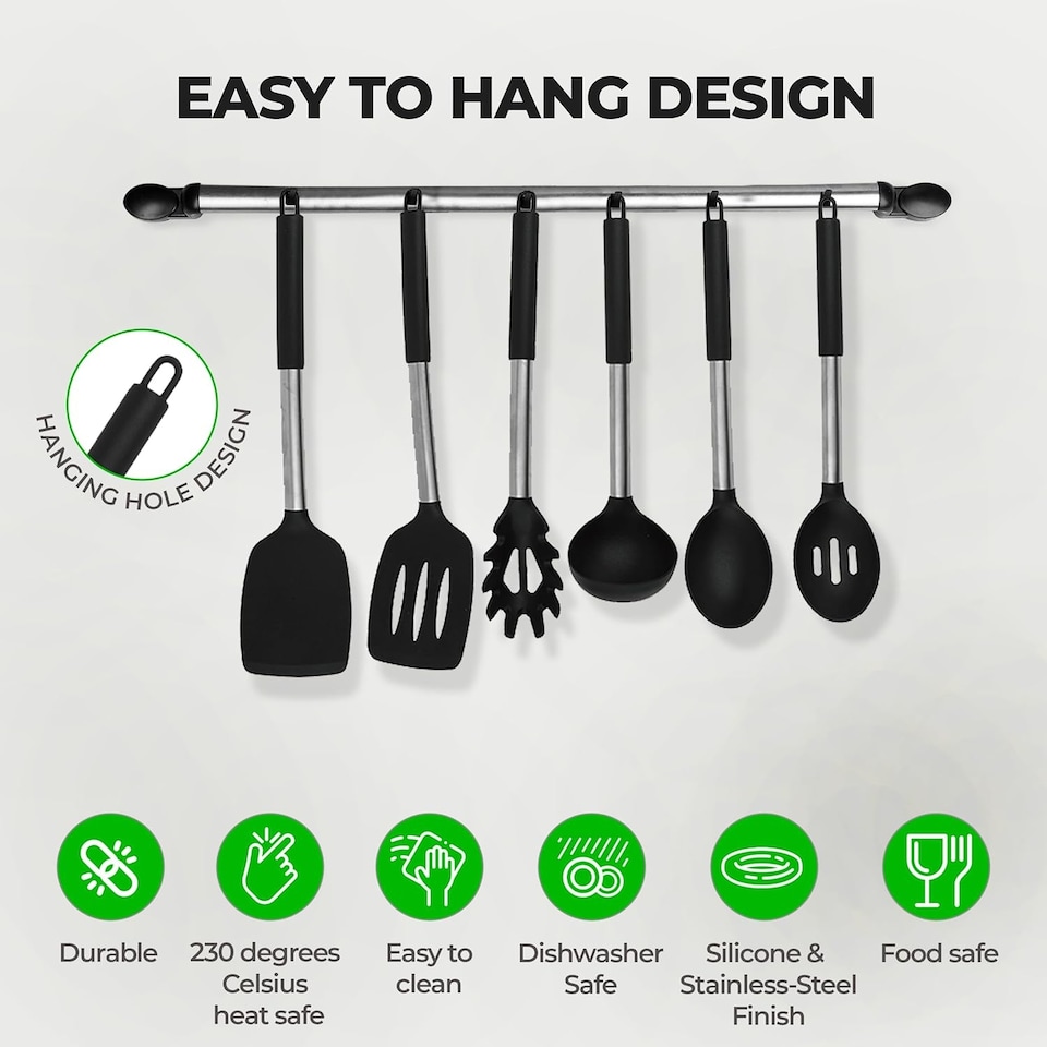 image 1 of 8 Piece Silicone Kitchen Utensil Set with Storage Bucket Black