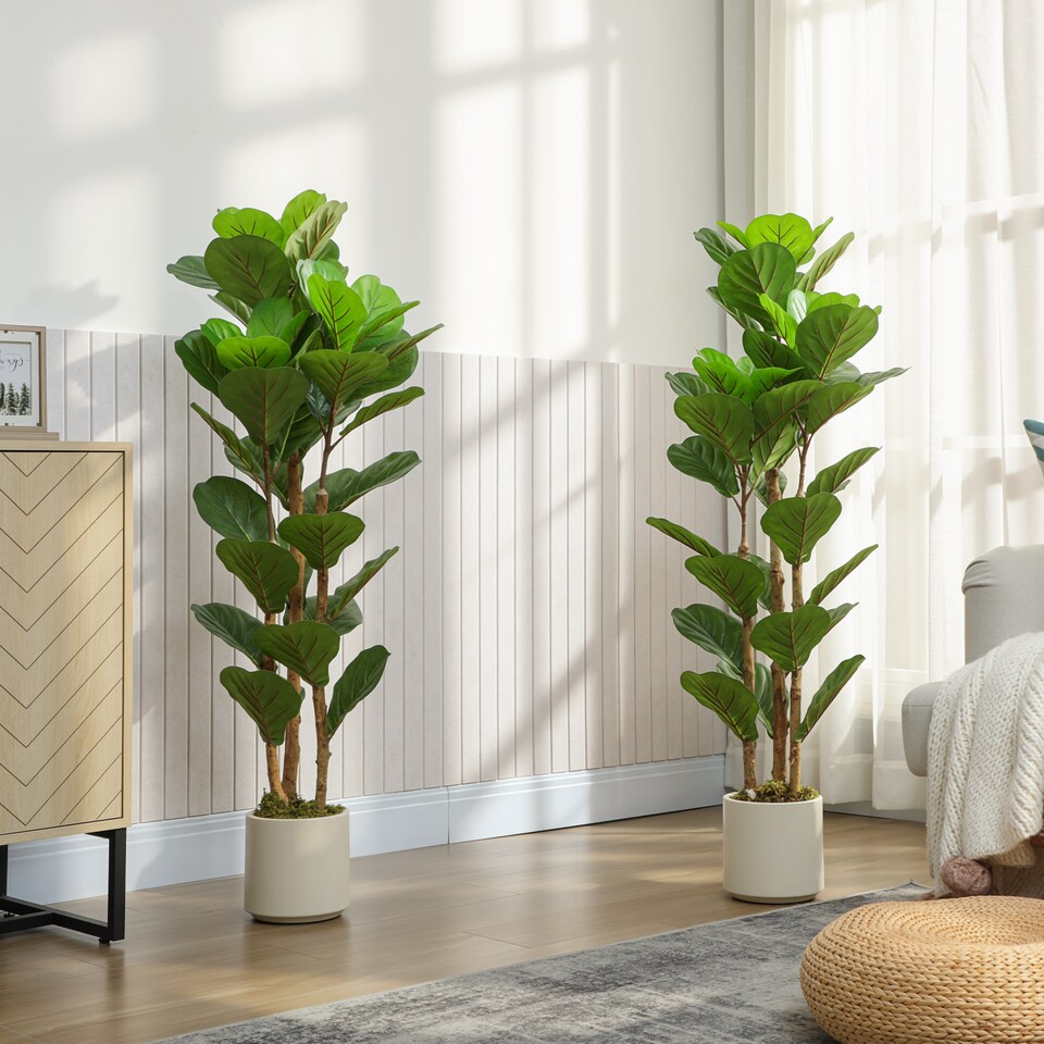 image 1 of HOMCOM 120cm 2 PCs Artificial Fiddle Leaf Fig Trese with Solid Wood Trunks