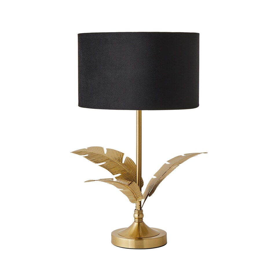 image 1 of ValueLights Christina Black Velvet with Gold Inner Drum Shade Gold Palm Leaf Table Lamp | Gold