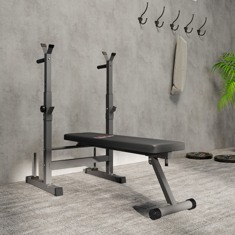 image 1 of HOMCOM Adjustable Weight Bench with Barbell Rack, Dip Station, Grey