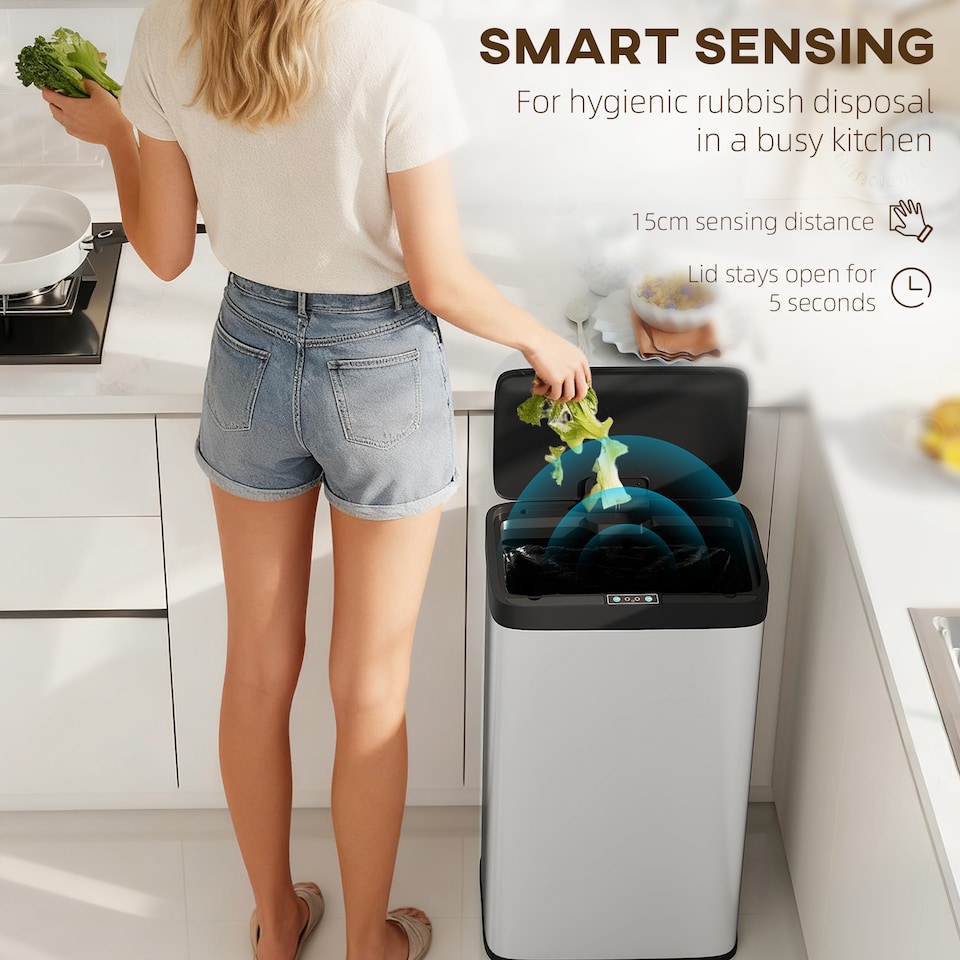 image 1 of HOMCOM 45L Sensor Bin, Stainless Steel Kitchen Bin with Automatic Close