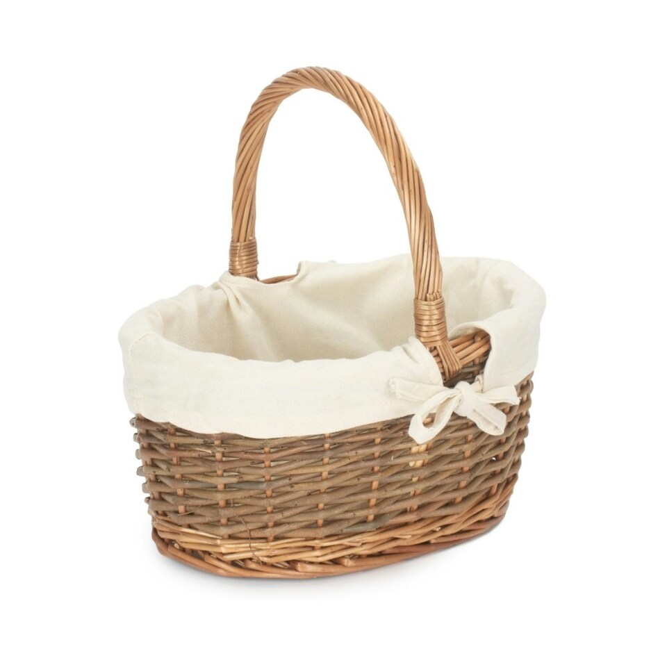 image 1 of Oval Unpeeled Willow Shopping Basket with White Lining White | White | L