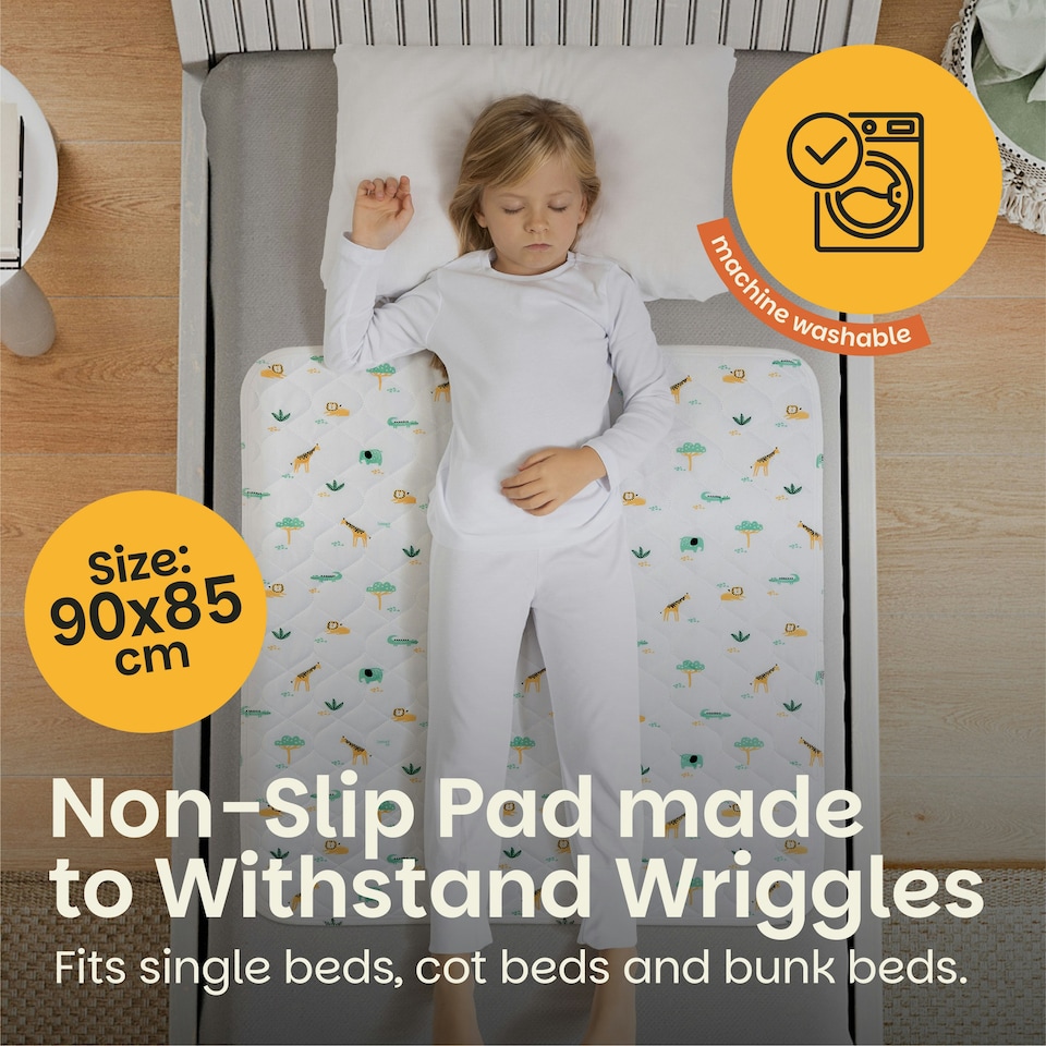 image 1 of Toddler Potty Training Bed Pads - Non-Slip - Soft Waterproof Bedwetting Pee Protector Mat for Kids - Multi-Layer, Washable, Absorbs Up to 2000ml - 90 x 85cm White | Safari | Single