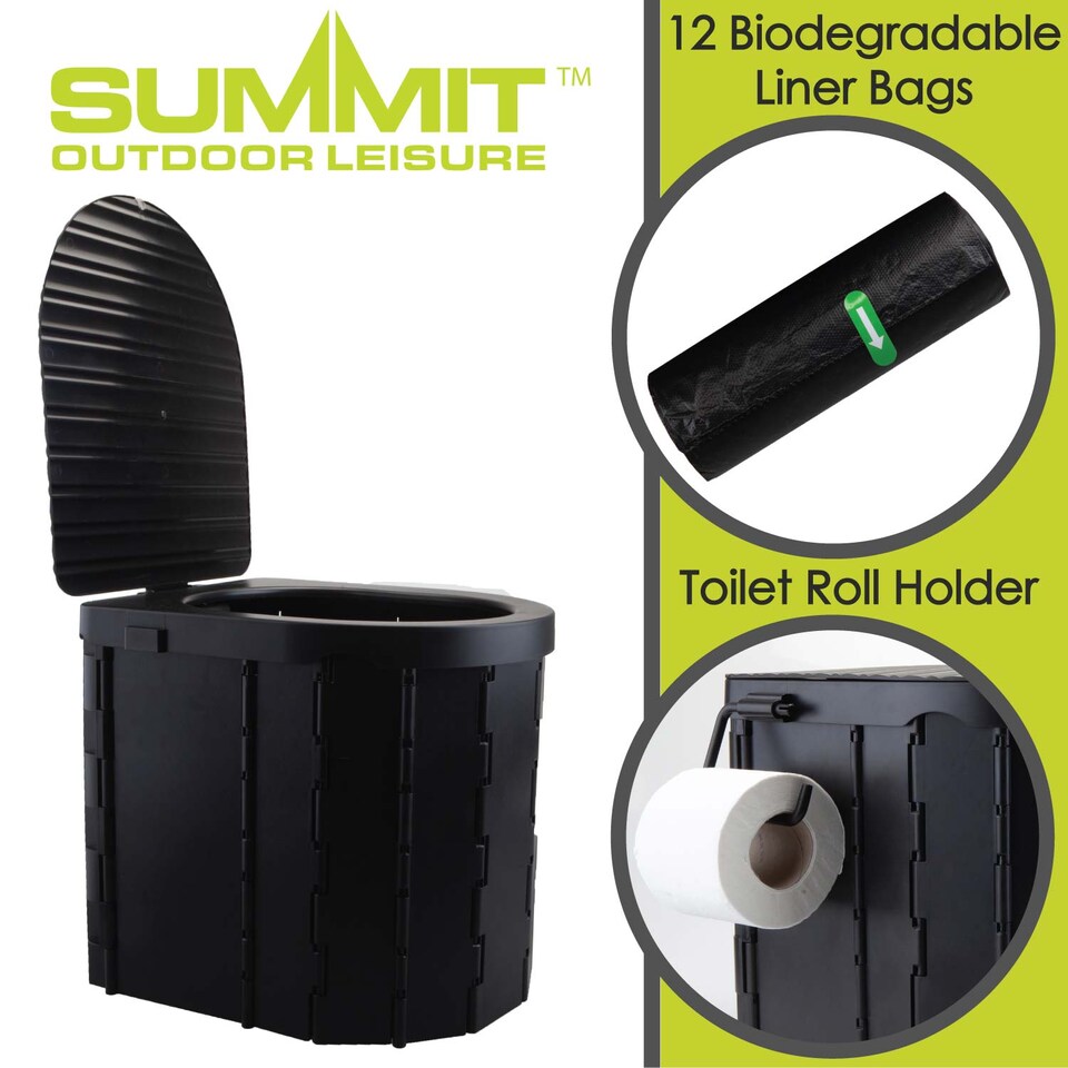 image 1 of vfm-estore Camping Folding Portable Toilet with Lid Black - Collapsible D-Shaped Seat