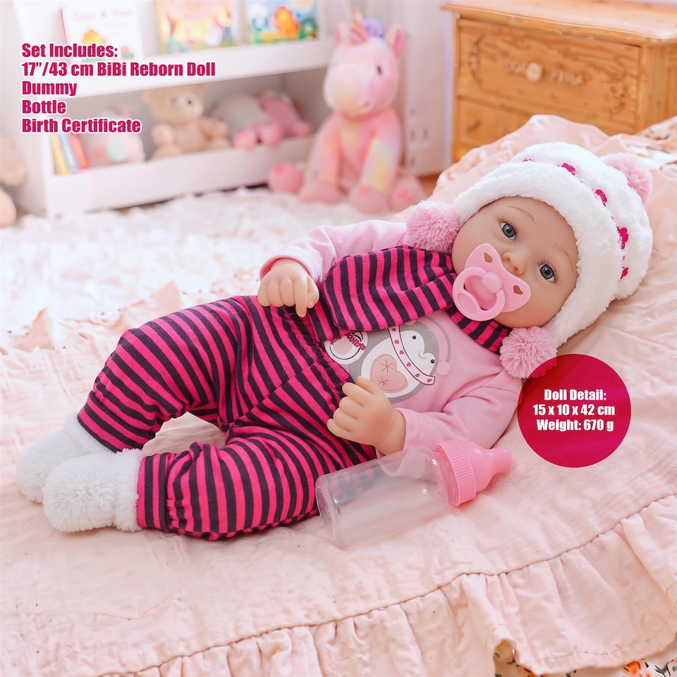 image 1 of BiBi Doll 17" Snowflake Reborn Baby Doll Girl With Toy Dummy & Bottle