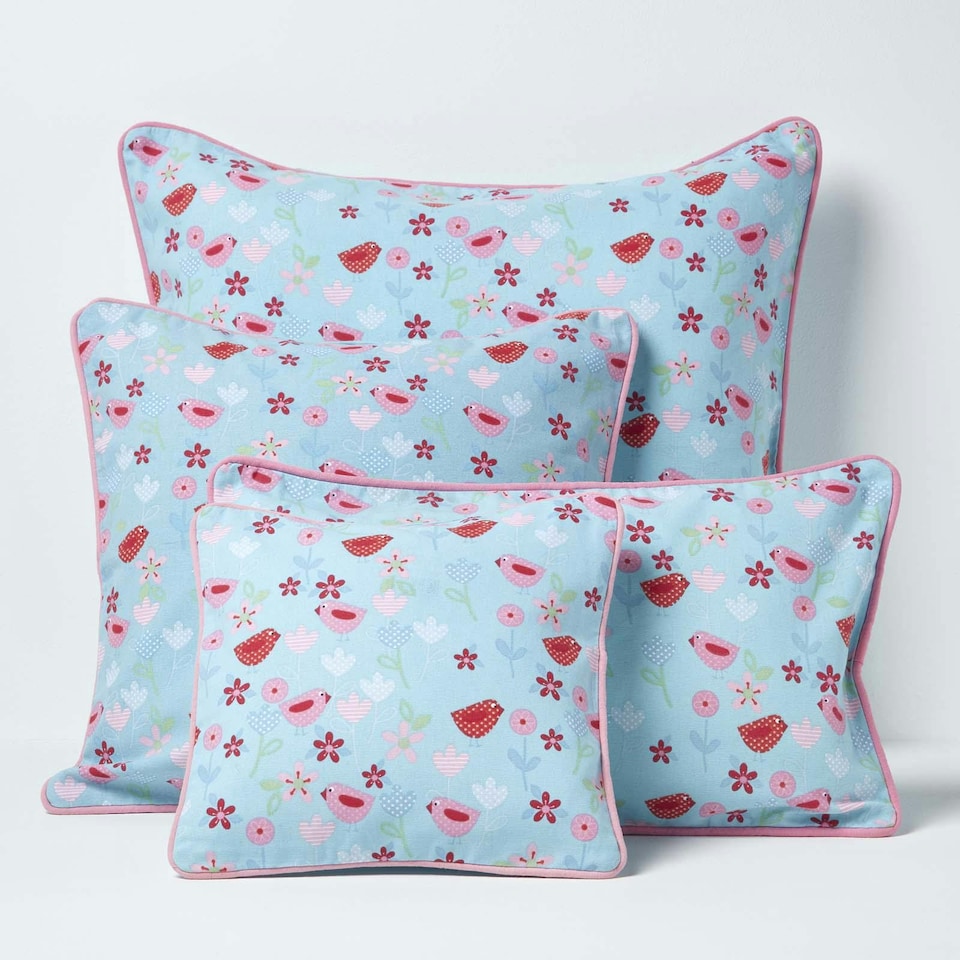 image 1 of Homescapes Cotton Birds and Flower Cushion Cover - 30 x 30 cm | Blue | Blue | 30 x 30 cm