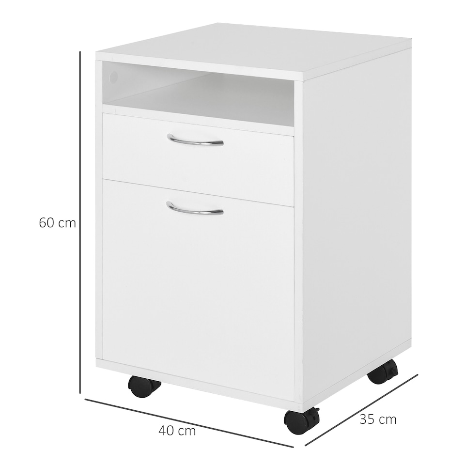 image 1 of HOMCOM 60cm Filing Cabinet with Drawer, Open Shelf, Metal Handles and 4 Wheels, Office Home Organiser Mobile Printer, White