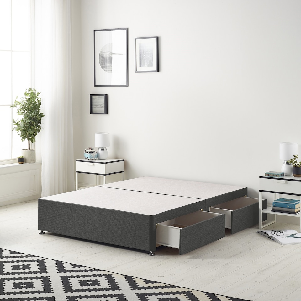 image 1 of Astoria Divan Bed Base with 2 Drawers & 30 Inch Diamante Headboard in Tweed Fabric | Grey | Charcoal | Small Double
